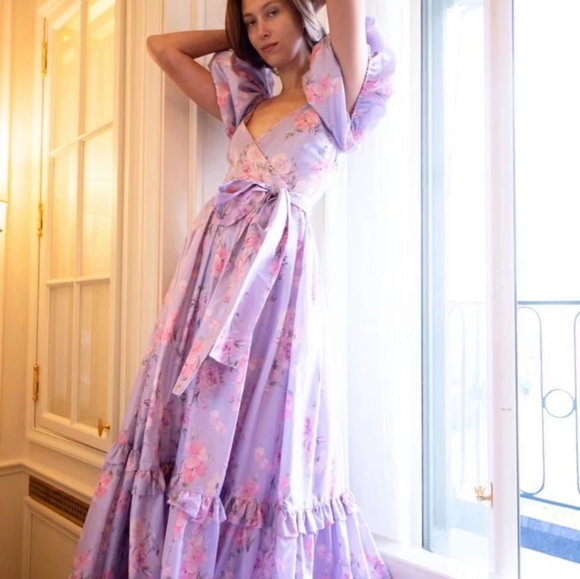 Lilac Floral Puff Sleeve High Waist Surplice Maxi Dress with Bow - Picture 4 of 16